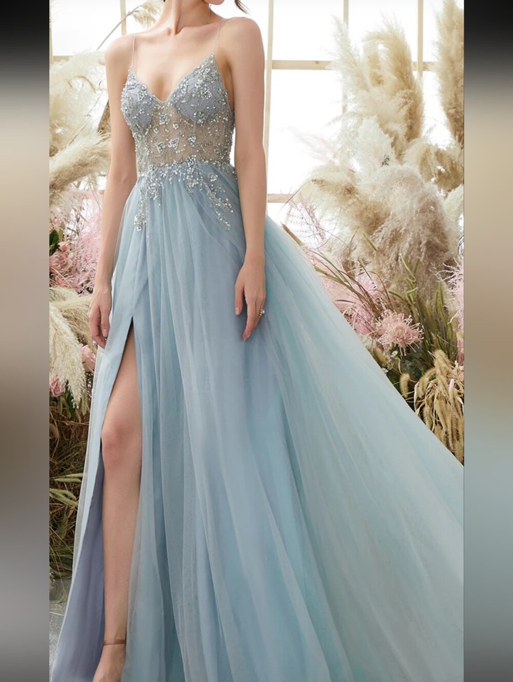 Light Blue A Line Spaghetti Straps Beaded Open Back Tulle Long Prom Dress